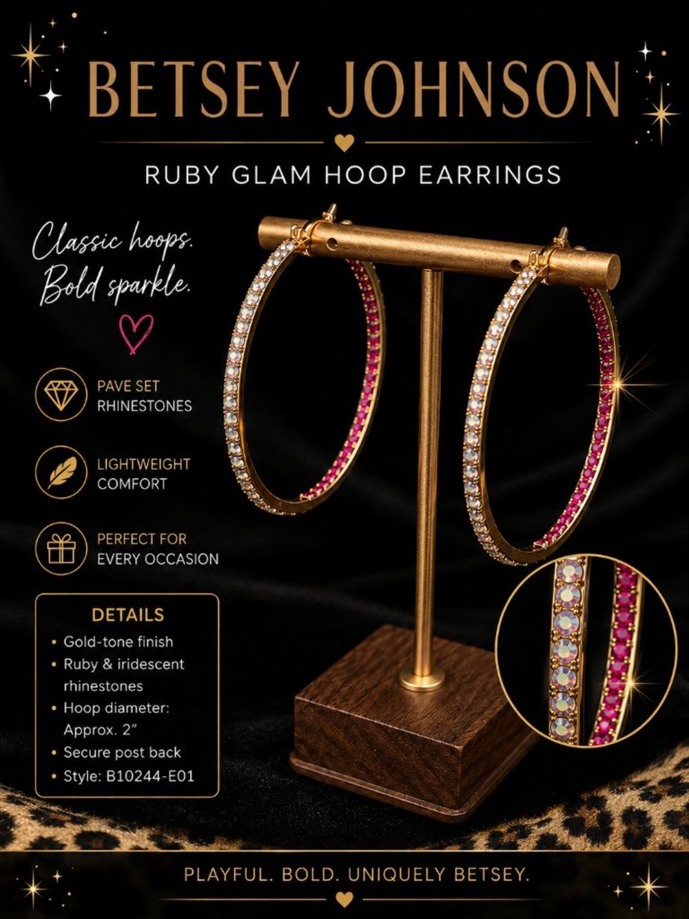 Betsey Johnson Gold-Tone Crystal Hoop Earrings | NWT | Iridescent & Ruby Rhinest